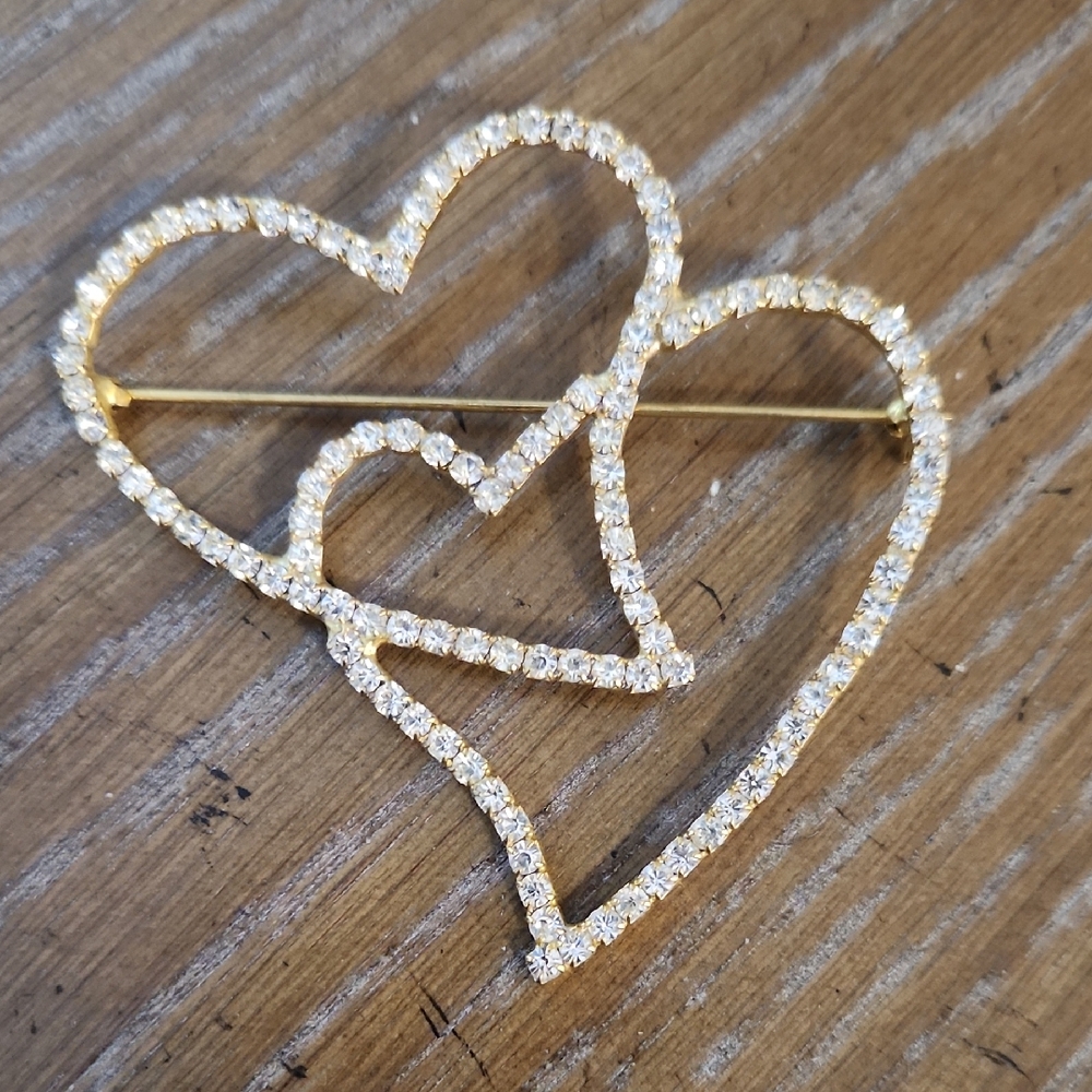 Gold Heart-Shaped Brooch with Crystals
